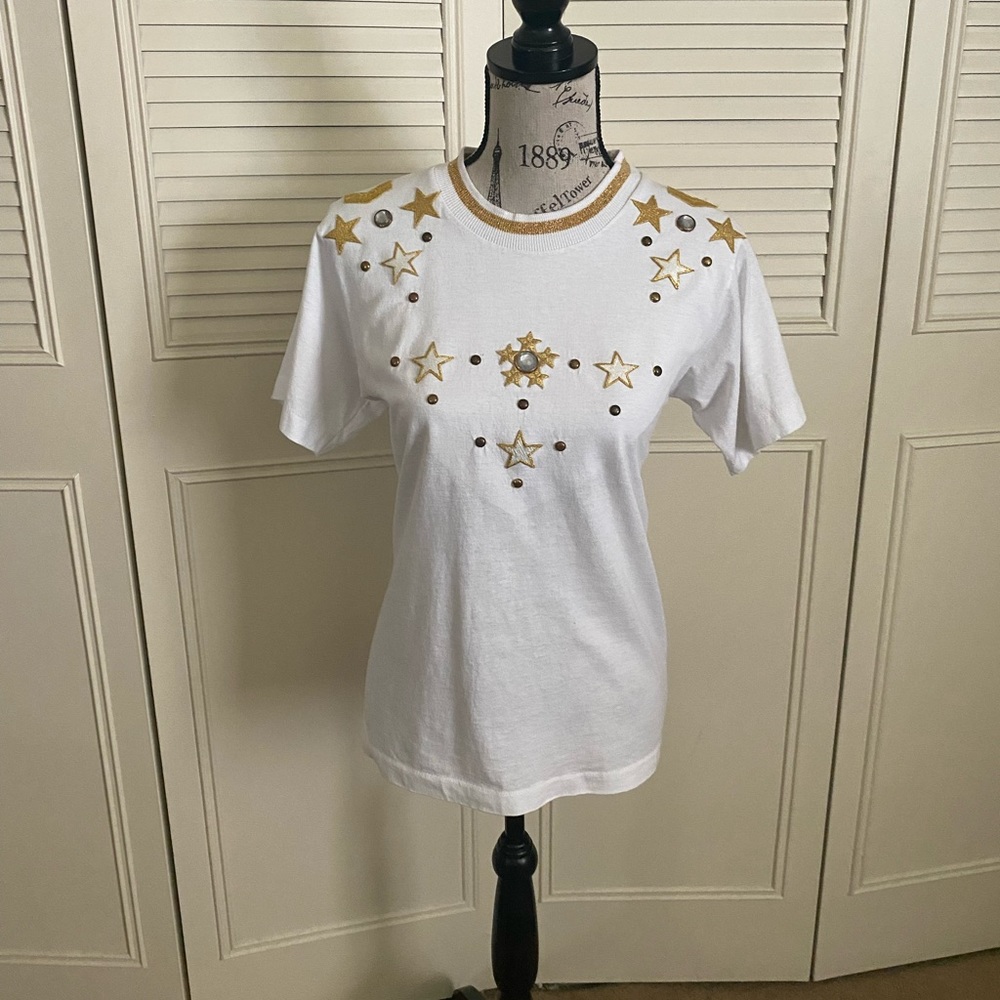 Gepetto white knit blouse t-shirt gold embroidered Stars Celestial vintage